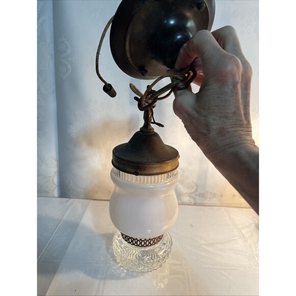 Classic Vintage 70s Pendent Brass Light Fixture/milk/diamond Cut Glass Design
